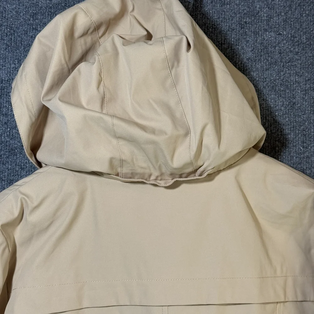 Lands End Raincoat Womens Large Hooded Zip Snap Front Mid Length Jacket Beige - Picture 9 of 15